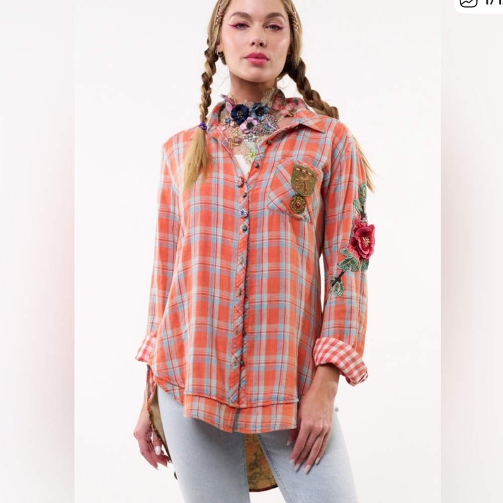 Aratta Ellie orange Plaid Button Down Shirt patch work embroidered boho chic